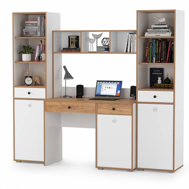 Компьютерный стол Вуди с двумя боковыми пеналами цвет белый премиум/дуб крафт золотой