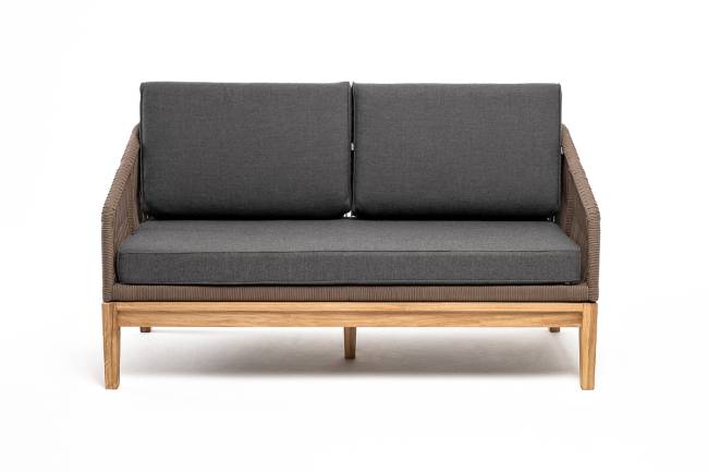 "Канны" диван 2-местный плетеный из роупа, основание дуб, роуп коричневый круглый, ткань темно-серая 027 NEW