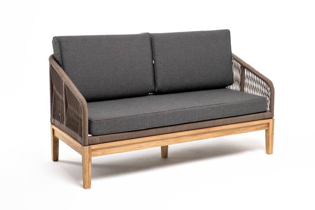 "Канны" диван 2-местный плетеный из роупа, основание дуб, роуп коричневый круглый, ткань темно-серая 027 NEW