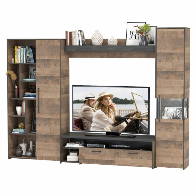 Стенка для гостиной в лофт стиле Трувор № 19 цвет дуб гранж песочный/интра Стенка для гостиной в лофт стиле Трувор № 19 цвет дуб гранж песочный/интра