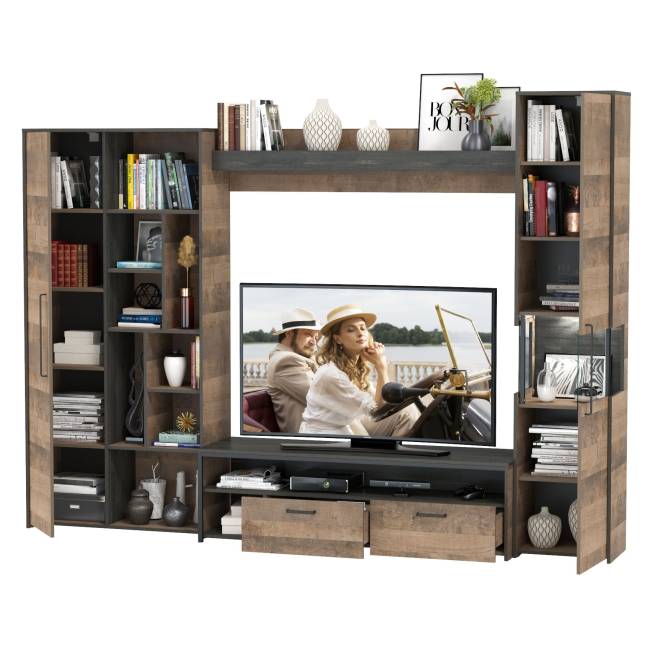 Стенка для гостиной в лофт стиле Трувор № 19 цвет дуб гранж песочный/интра Стенка для гостиной в лофт стиле Трувор № 19 цвет дуб гранж песочный/интра