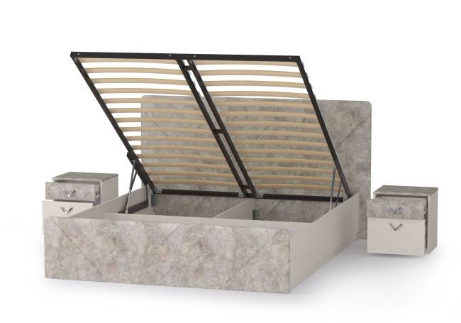 Кровать 1600 с подъёмным ортопедическим основанием и двумя тумбочками Амели 11.31 цвет шёлковый камень/бетон чикаго беж