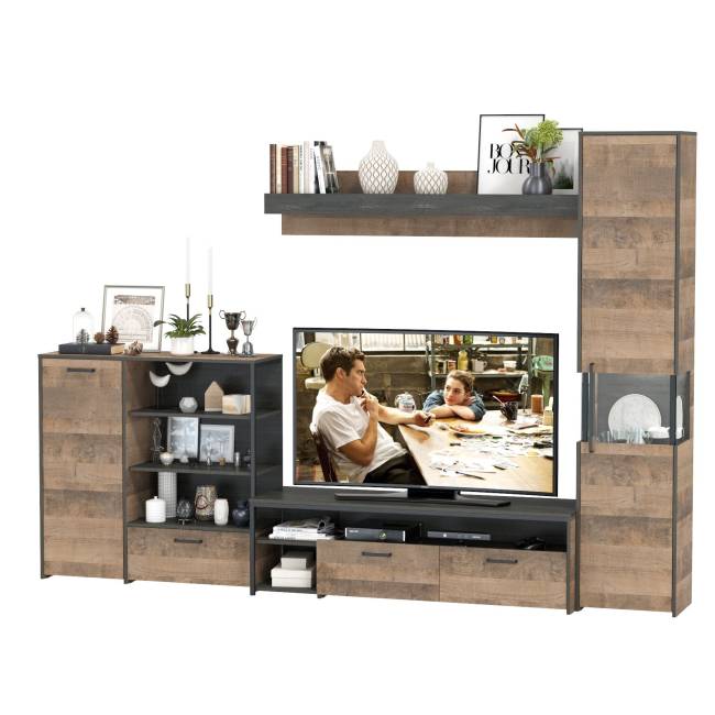 Стенка в гостиную с подсветкой серии Трувор № 21 цвет дуб гранж песочный/интра