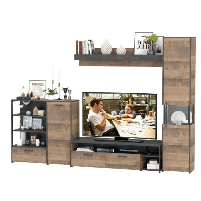 Стенка в гостиную с подсветкой серии Трувор № 21 цвет дуб гранж песочный/интра