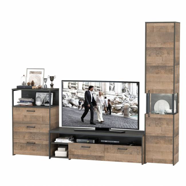 Стенка для гостиной с подсветкой Трувор № 24 цвет дуб гранж песочный/интра Стенка для гостиной с подсветкой Трувор № 24 цвет дуб гранж песочный/интра