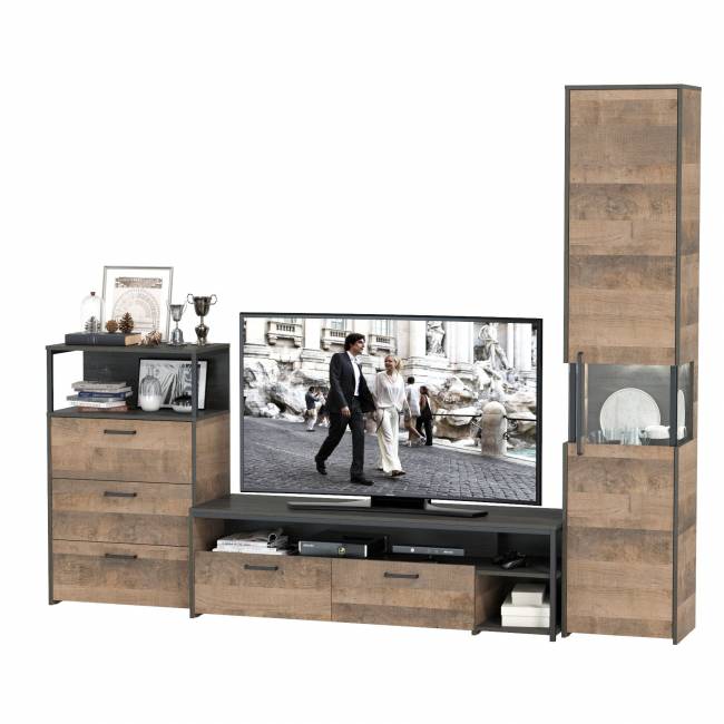 Стенка для гостиной с подсветкой Трувор № 24 цвет дуб гранж песочный/интра Стенка для гостиной с подсветкой Трувор № 24 цвет дуб гранж песочный/интра