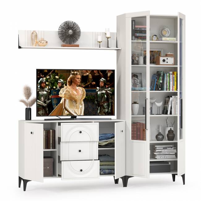 Комод с сервантом и навесной полкой Валенсия цвет белый шагрень