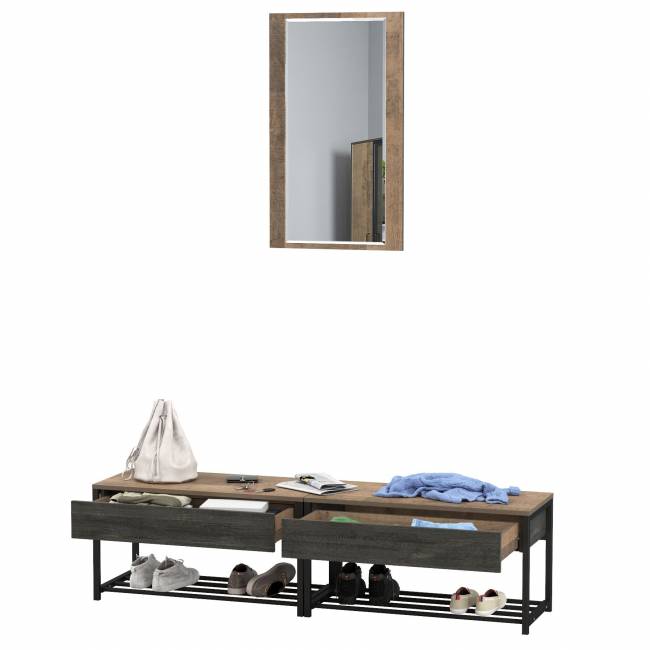 Две тумбы для обуви с сиденьем и зеркалом Трувор цвет дуб гранж песочный/интра