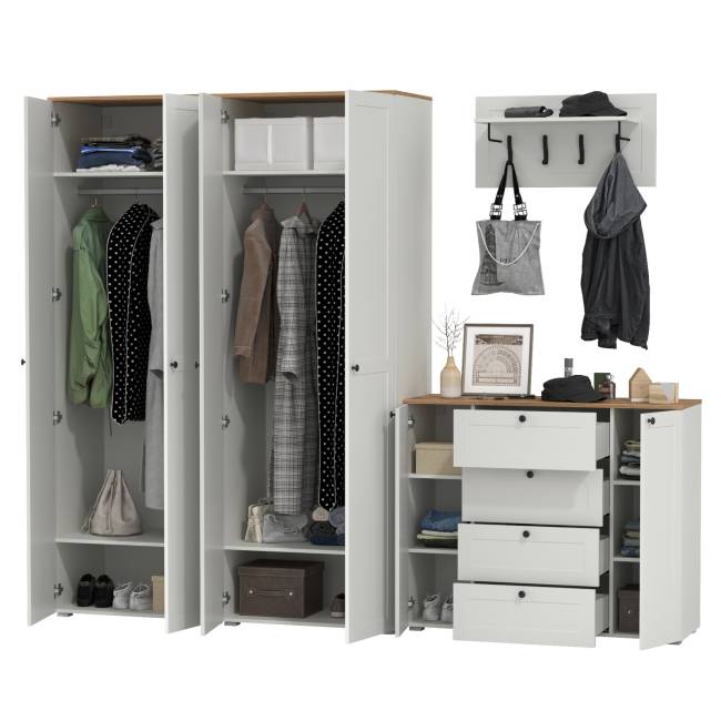 Комод четыре ящика с настенной вешалкой и двумя платяными шкафами Остин цвет белый шагрень/дуб крафт золотой