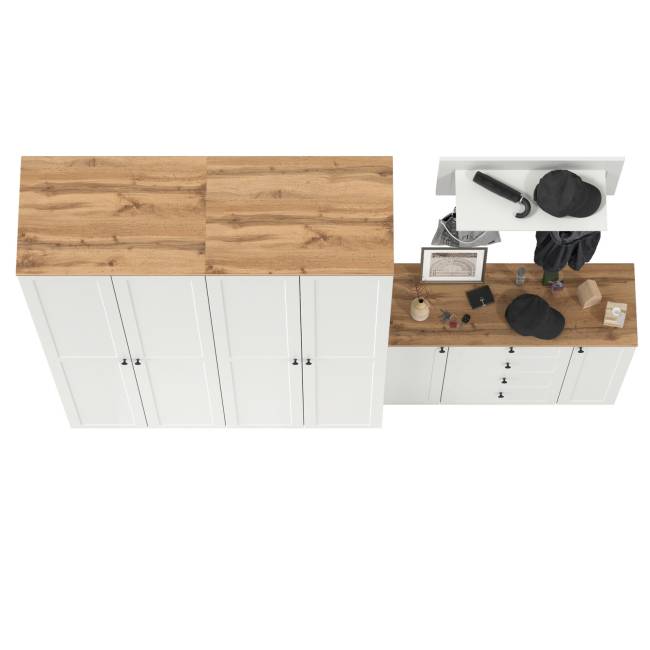 Комод четыре ящика с настенной вешалкой и двумя платяными шкафами Остин цвет белый шагрень/дуб крафт золотой