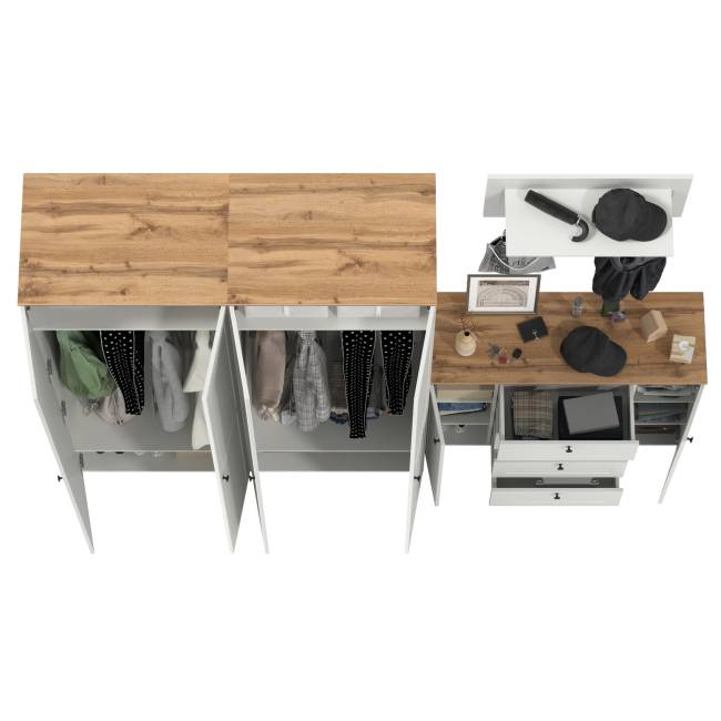 Комод четыре ящика с настенной вешалкой и двумя платяными шкафами Остин цвет белый шагрень/дуб крафт золотой