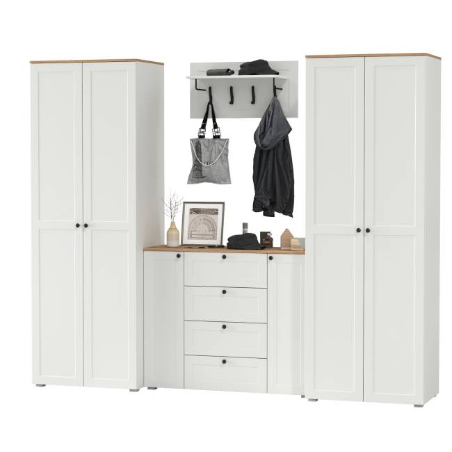 Комод четыре ящика с настенной вешалкой и двумя платяными шкафами Остин цвет белый шагрень/дуб крафт золотой