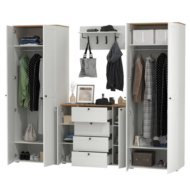 Комод четыре ящика с настенной вешалкой и двумя платяными шкафами Остин цвет белый шагрень/дуб крафт золотой