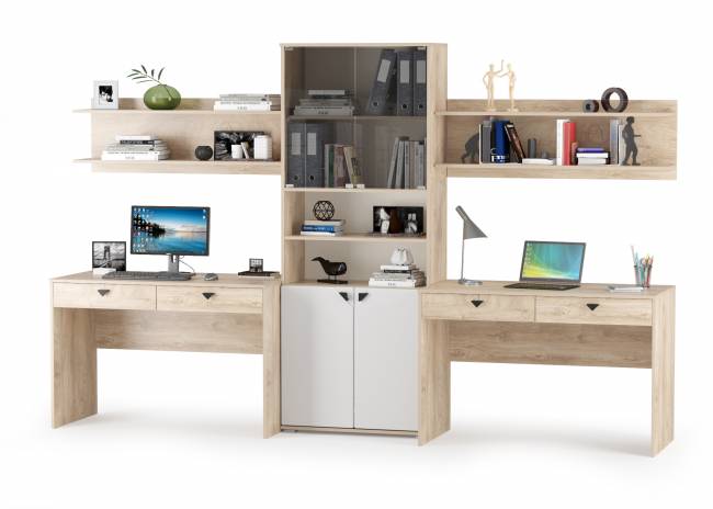 Столы с полками и большим стеллажом Бостон цвет дуб эндгрейн элегантный/фасады МДФ милк рикамо софт Столы с полками и большим стеллажом Бостон цвет дуб эндгрейн элегантный/фасады МДФ милк рикамо софт