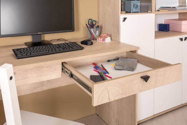 Столы с полками и большим стеллажом Бостон цвет дуб эндгрейн элегантный/фасады МДФ милк рикамо софт Столы с полками и большим стеллажом Бостон цвет дуб эндгрейн элегантный/фасады МДФ милк рикамо софт