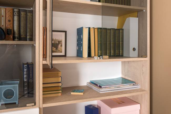 Столы с полками и большим стеллажом Бостон цвет дуб эндгрейн элегантный/фасады МДФ милк рикамо софт Столы с полками и большим стеллажом Бостон цвет дуб эндгрейн элегантный/фасады МДФ милк рикамо софт