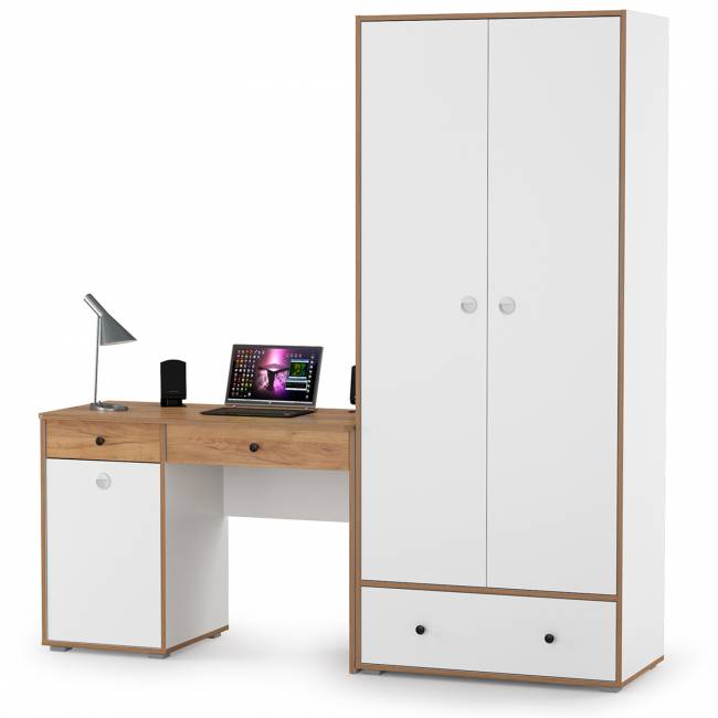Письменный стол Вуди и платяной шкаф цвет белый премиум/дуб крафт золотой Письменный стол Вуди и платяной шкаф цвет белый премиум/дуб крафт золотой