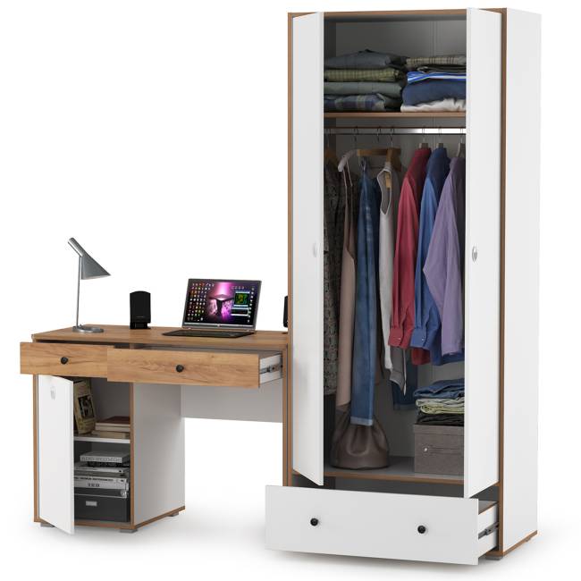Письменный стол Вуди и платяной шкаф цвет белый премиум/дуб крафт золотой Письменный стол Вуди и платяной шкаф цвет белый премиум/дуб крафт золотой