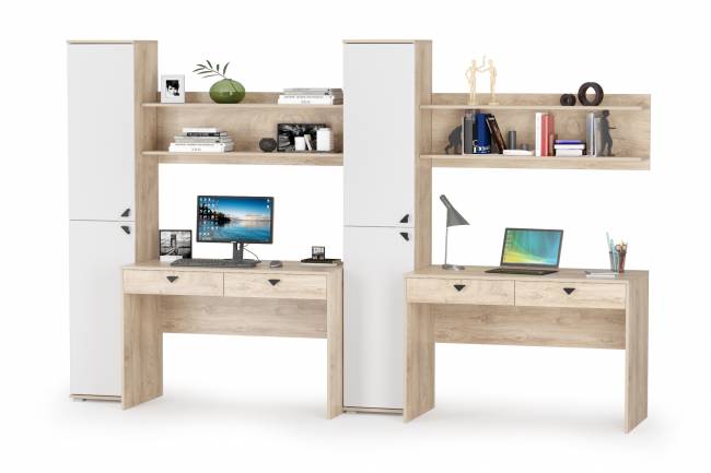 Два рабочих места Бостон с полками и пеналами цвет дуб эндгрейн элегантный/фасады МДФ милк рикамо софт Два рабочих места Бостон с полками и пеналами цвет дуб эндгрейн элегантный/фасады МДФ милк рикамо софт