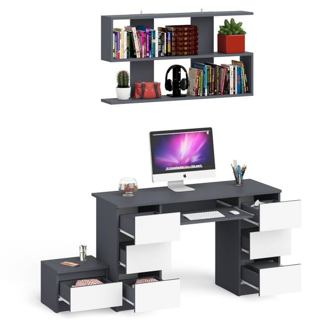 Двухтумбовый стол компьютерный Мори МС-2 с тумбочкой с ящиком и полкой на 1200 цвет графит/белый