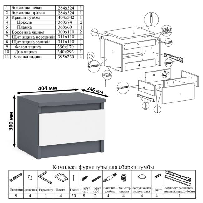 Двухтумбовый стол компьютерный Мори МС-2 с тумбочкой с ящиком и полкой на 1200 цвет графит/белый