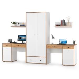 Два стола для учёбы, шкаф и две открытых полки Вуди цвет белый премиум/дуб крафт золотой