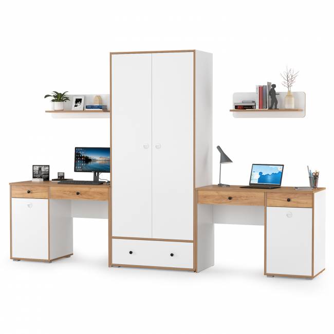 Два стола для учёбы, шкаф и две открытых полки Вуди цвет белый премиум/дуб крафт золотой Два стола для учёбы, шкаф и две открытых полки Вуди цвет белый премиум/дуб крафт золотой