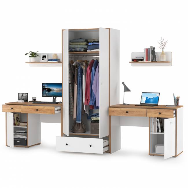 Два стола для учёбы, шкаф и две открытых полки Вуди цвет белый премиум/дуб крафт золотой Два стола для учёбы, шкаф и две открытых полки Вуди цвет белый премиум/дуб крафт золотой