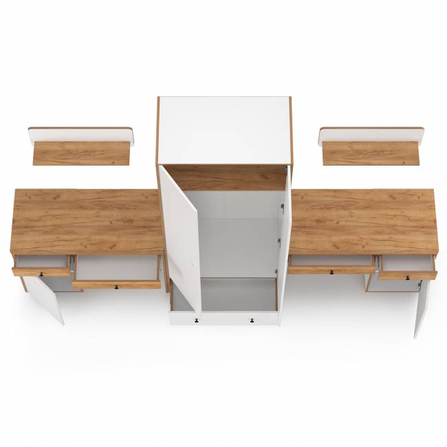 Два стола для учёбы, шкаф и две открытых полки Вуди цвет белый премиум/дуб крафт золотой Два стола для учёбы, шкаф и две открытых полки Вуди цвет белый премиум/дуб крафт золотой