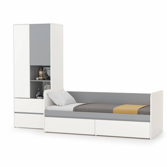 Детская кровать с ящиками и шкаф Торонто цвет белый шагрень/стальной серый