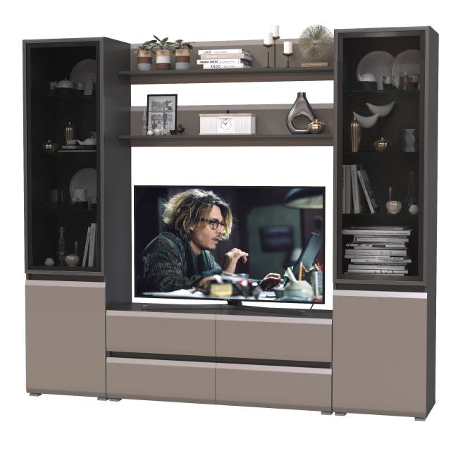 Два шкафа со стеклом Сидней и ТВ-тумба с двумя навесными полочками цвет антрацит/МДФ веллюто капучино Два шкафа со стеклом Сидней и ТВ-тумба с двумя навесными полочками цвет антрацит/МДФ веллюто капучино