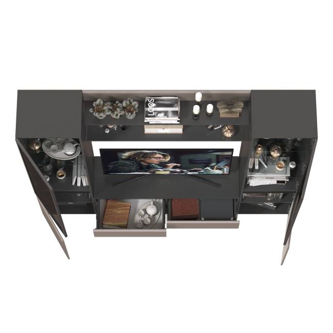 Два шкафа со стеклом Сидней и ТВ-тумба с двумя навесными полочками цвет антрацит/МДФ веллюто капучино Два шкафа со стеклом Сидней и ТВ-тумба с двумя навесными полочками цвет антрацит/МДФ веллюто капучино