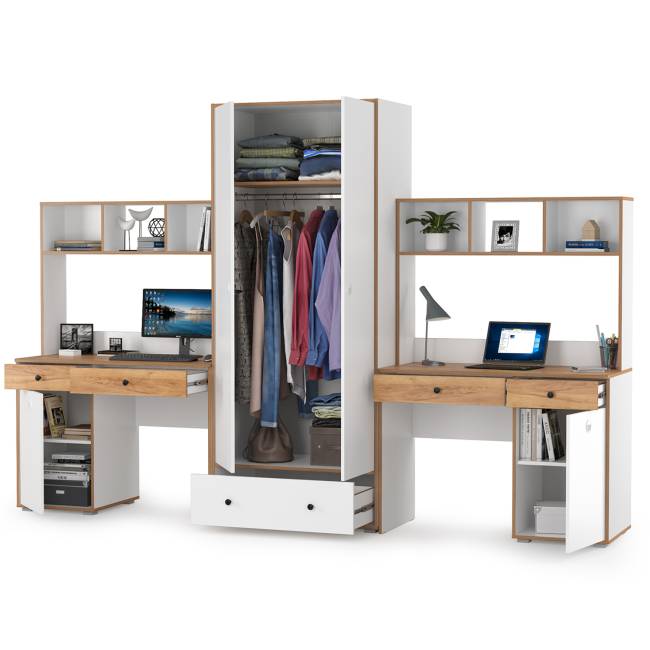 Два компьютерных стола и платяной шкаф Вуди цвет белый премиум/дуб крафт золотой