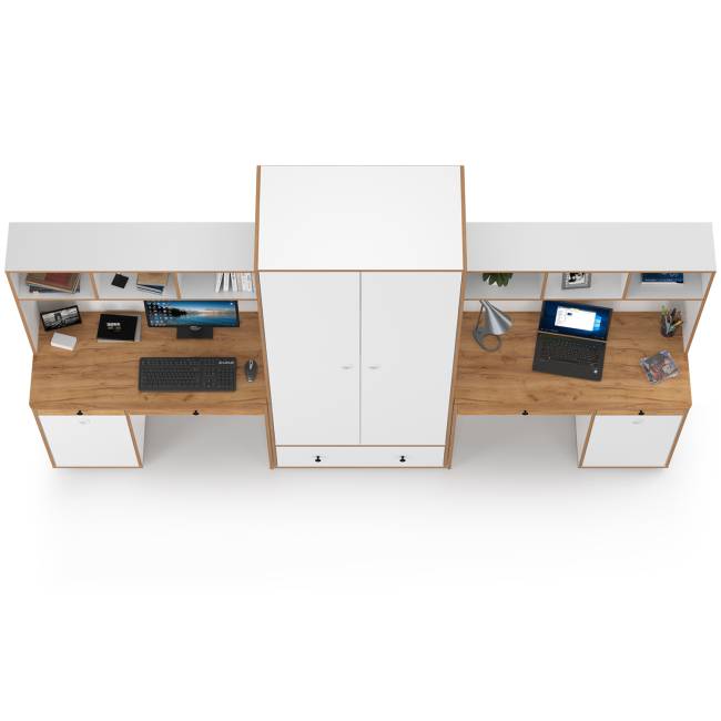 Два компьютерных стола и платяной шкаф Вуди цвет белый премиум/дуб крафт золотой