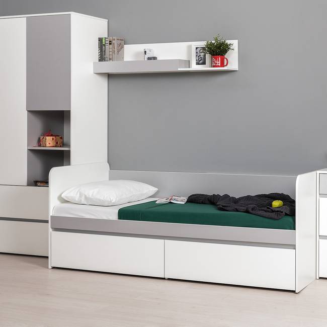 Детская кровать с ящиками Торонто с открытой полкой цвет белый шагрень/стальной серый