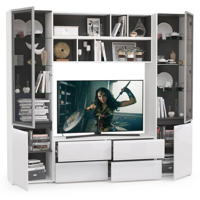 Сидней стенка для гостиной № 38 цвет белый/чёрный/фасады МДФ белый глянец Сидней стенка для гостиной № 38 цвет белый/чёрный/фасады МДФ белый глянец