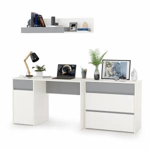 Стол компьютерный с верхней полкой и комодом Торонто цвет белый шагрень/стальной серый