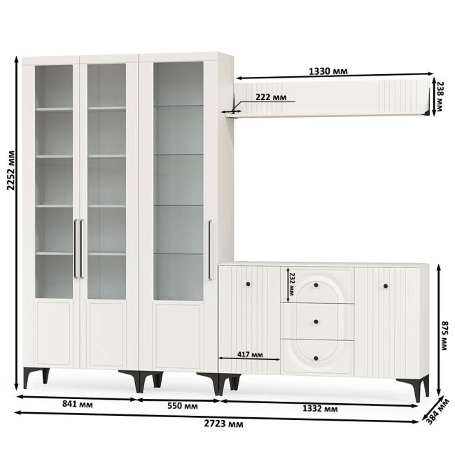 Комод для ТВ-аппаратуры с навесной полкой и широкий сервант Валенсия цвет белый шагрень