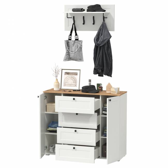 Комод четыре ящика и две дверки и вешалка для одежды Остин цвет белый шагрень/дуб крафт золотой