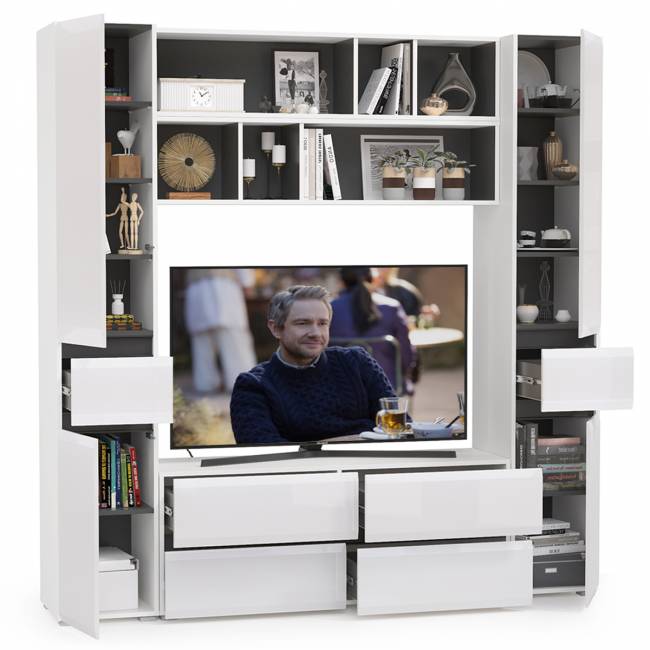 Сидней стенка для гостиной Комплектация № 40 цвет белый/чёрный/фасады МДФ белый глянец Сидней стенка для гостиной Комплектация № 40 цвет белый/чёрный/фасады МДФ белый глянец