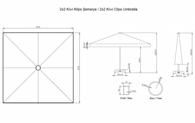 Зонт пляжный профессиональный 2х2 м Kiwi Clips бежевый 2000х2000 мм