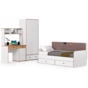 Вуди мебель в детскую с кроватью с ящиками № 38 цвет белый премиум/дуб крафт золотой/саванна латте