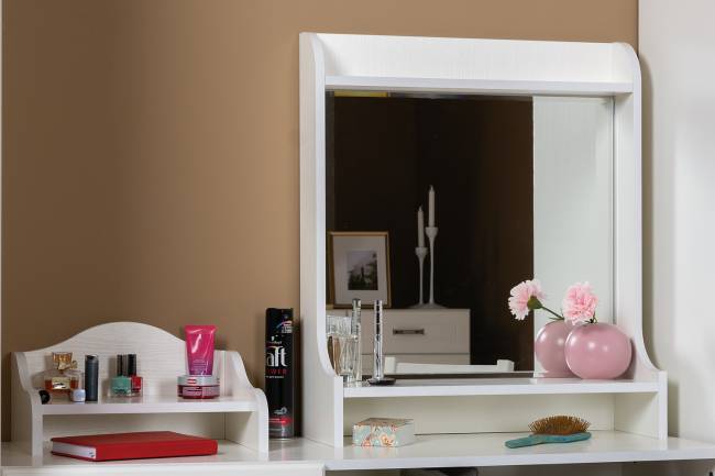 Стол туалетный с зеркалом и настольной полкой Ливерпуль цвет ясень ваниль/белый