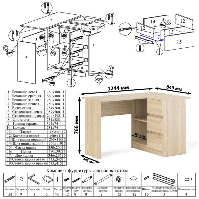 Угловой компьютерный стол Мори МС-16 правый цвет дуб сонома