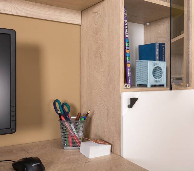 Компьютерный стол с полкой и стеллажом со стеклом Бостон цвет дуб эндгрейн элегантный/фасады МДФ милк рикамо софт