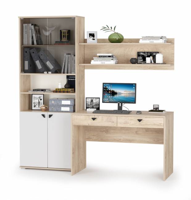Рабочий стол с полкой и шкафом Бостон цвет дуб эндгрейн элегантный/фасады МДФ милк рикамо софт