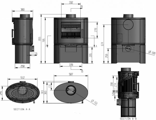 Печь-камин Puma 9кВт, чугун, с дровником, дымоход d-150мм