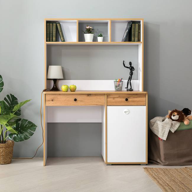 Письменный стол с надстройкой Вуди цвет белый премиум/дуб крафт золотой
