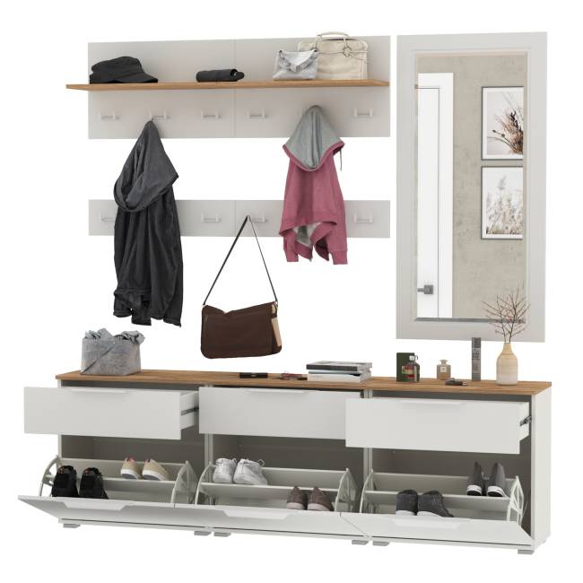 Три обувницы с зеркалом и вешалками для одежды Октава цвет белый шагрень/дуб крафт золотой