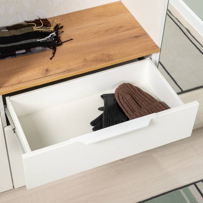 Три обувницы с зеркалом и вешалками для одежды Октава цвет белый шагрень/дуб крафт золотой